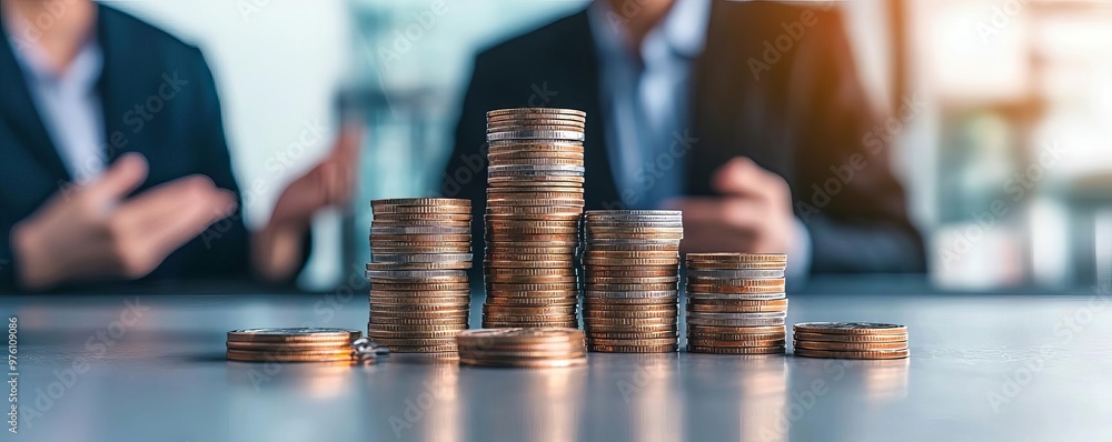 Impact of inflation risk on personal savings illustrated with diminishing stacks of coins financial advisors discussing in a well-lit modern room