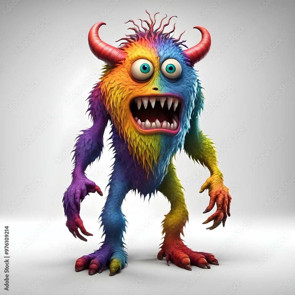 3D monster character with bold colors on white background under studio lights. 3D monster character with bold colors on white background under studio lights.
