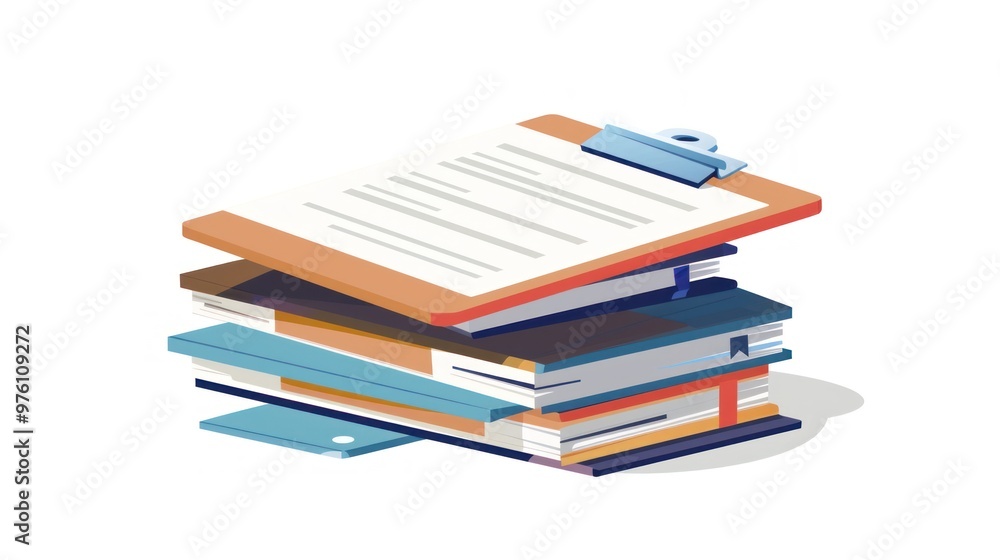 A stylized vector graphic of a stack of documents and a clipboard A stylized vector graphic of a stack of documents and a clipboard