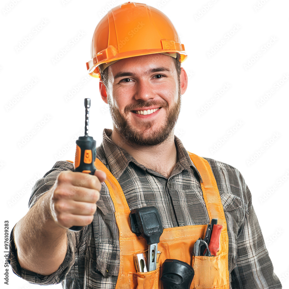 An electrician giving a thumbs-up with a confident smile, holding a screwdriver. isolated on transparency background An electrician giving a thumbs-up with a confident smile, holding a screwdriver. isolated on transparency background