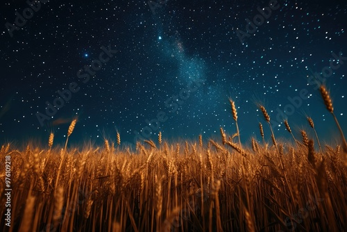 Golden Wheat Field Under a Night Sky Filled with Shooting Stars photo