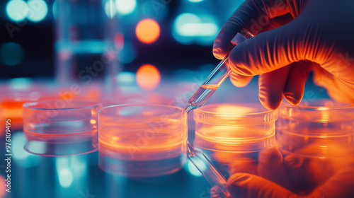 Wallpaper Mural Gloved hand handling a small vial over glowing petri dishes in a futuristic lab.
 Torontodigital.ca