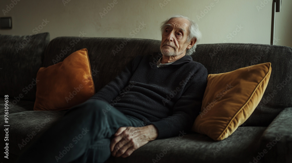 Elderly man sitting alone in a softly lit room, looking thoughtful. Elderly man sitting alone in a softly lit room, looking thoughtful.