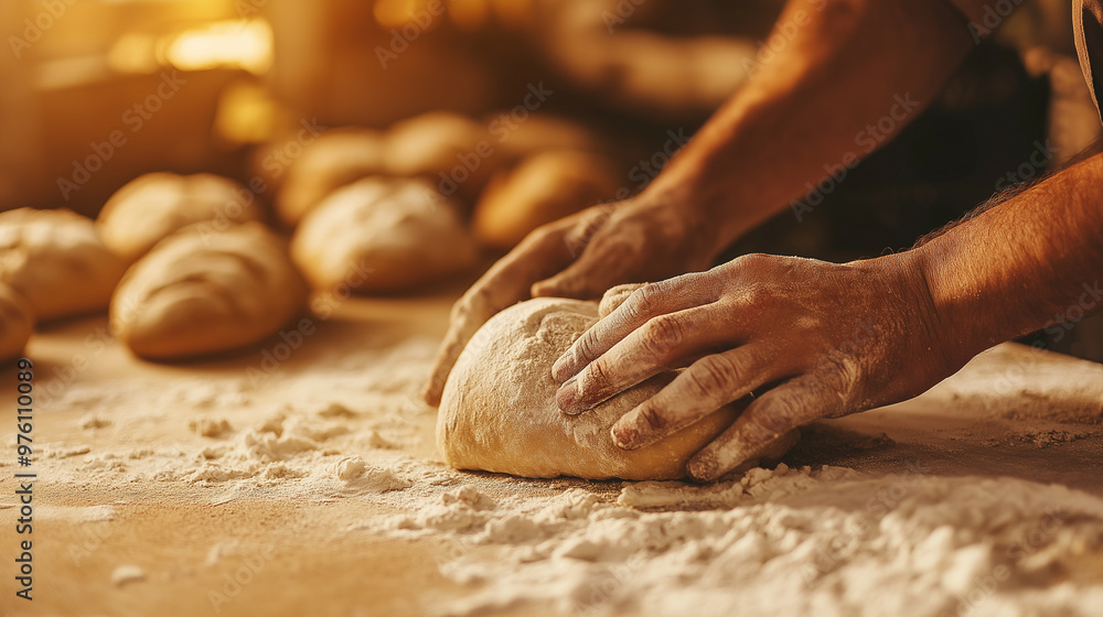 Hands kneading dough on a wooden surface with fresh bread in the background. Hands kneading dough on a wooden surface with fresh bread in the background.