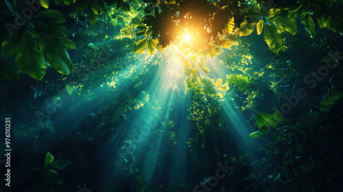 Wallpaper Mural A dense forest with sunlight filtering through the leaves, filled with diverse plants and animals in their natural habitat. Torontodigital.ca