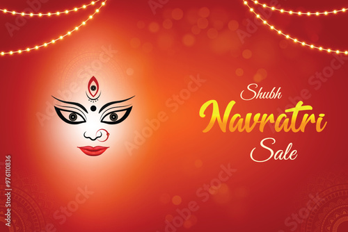 Goddess Durga On Red Background With Hanging Lights. Navratri Sale Indian Hindu Festival Concept. 