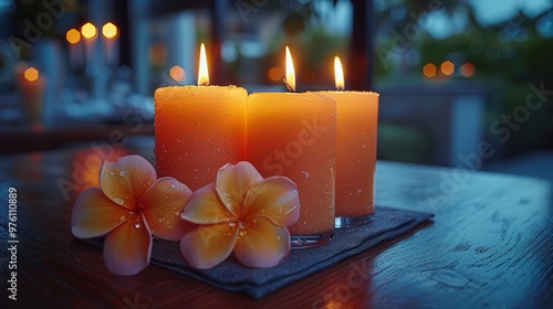 Three lit candles and tropical flowers on a wooden table at dusk.