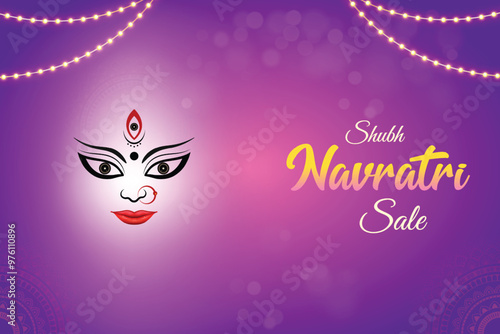 Goddess Durga On Purple Background With Hanging Lights. Navratri Sale Indian Hindu Festival Concept. 