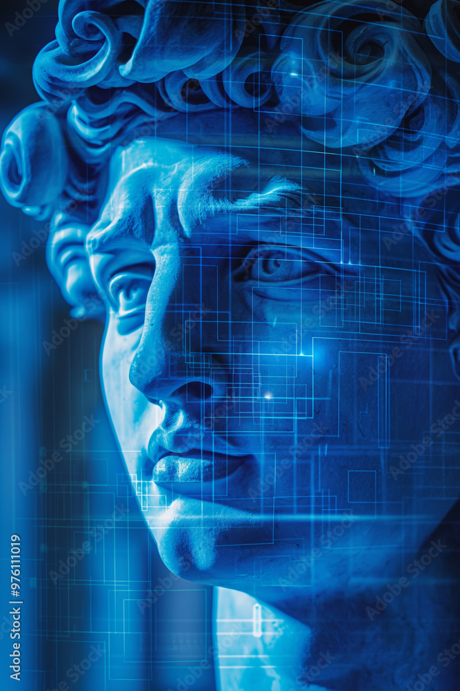Obraz premium Classical Statue with Digital Overlay Representing Technology and Art Fusion