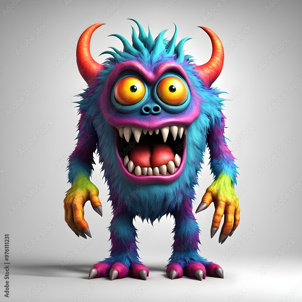 3D monster character with bold colors on white background under studio lights. 3D monster character with bold colors on white background under studio lights.