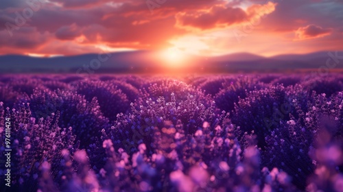 Lavender flower field closeup on sunset, fresh purple aromatic flowers for natural background. Design template for lifestyle illustration. Violet lavender field 