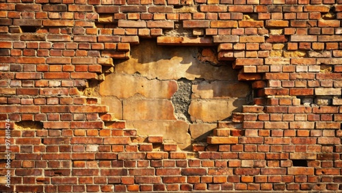 Cracked hole in weathered brick wall, showing signs of decay and abandonment