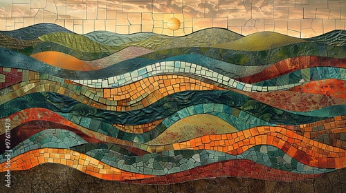 A colorful mosaic of a mountain range with a sun in the sky