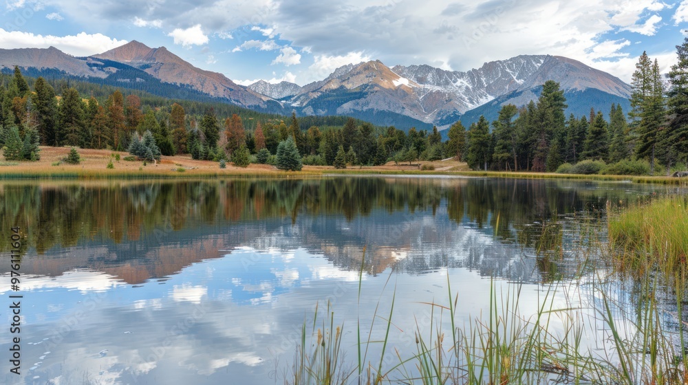 A tranquil lake with reflections of the Colorado Mountains in the background A tranquil lake with reflections of the Colorado Mountains in the background