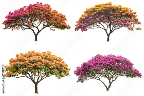 A magnificent Tabebuia tree with vivid flowers and lush foliage standing against a green grass background