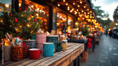 A festive holiday market filled with stalls selling handmade gifts, food, and warm drinks