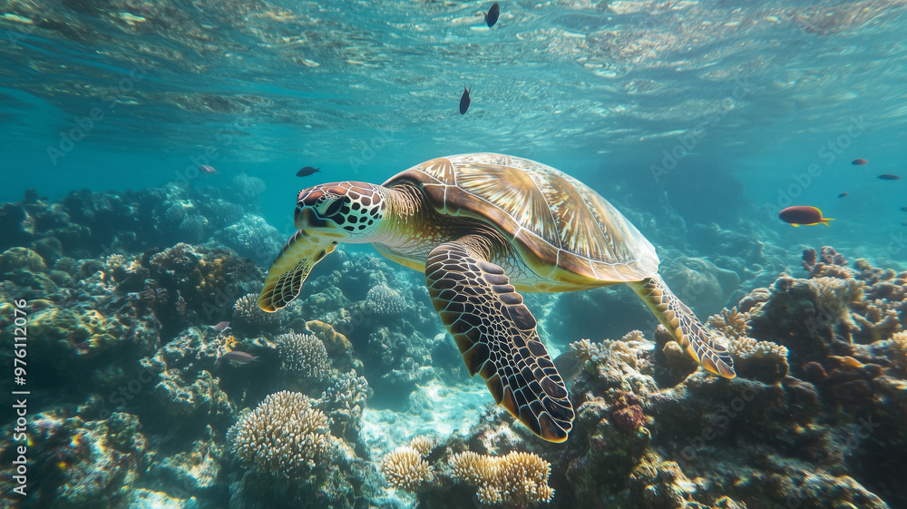 Obraz premium A turtle swimming in a deep ocean underwater surrounded by fish and corals