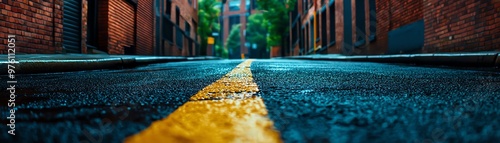 A vibrant street view featuring rain-soaked pavement and a striking yellow line in a charming urban setting.