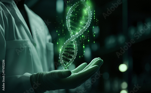 Glowing green DNA strand hovering above a scientist's hand in a dark laboratory setting. photo