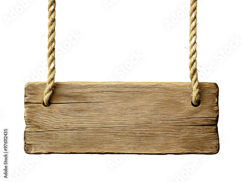 Wooden sign hanging on a rope, isolated on a transparent background