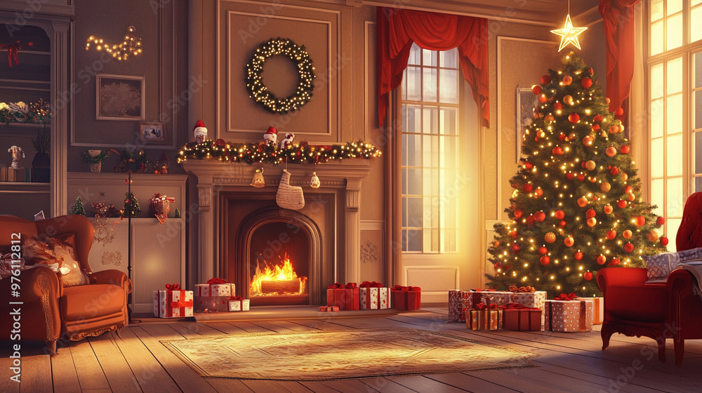 Obraz premium A cozy Christmas living room with a decorated tree, gifts, and a fireplace, warm golden lights creating a festive atmosphere, family holiday theme.
