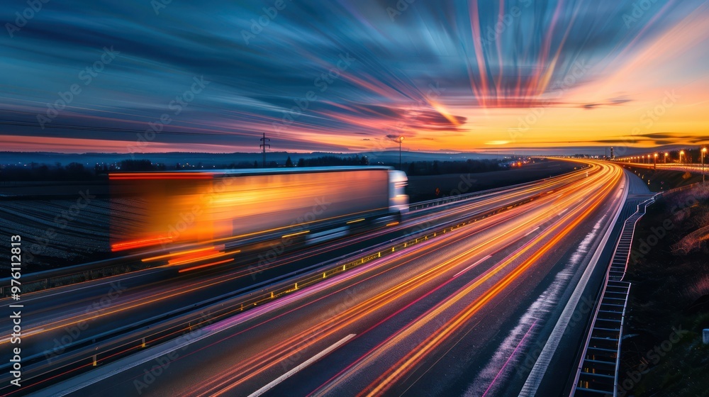 Obraz premium Truck on Highway at Sunset