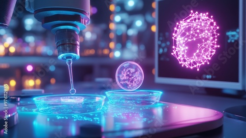 Futuristic biotech lab with glowing petri dishes and holographic molecular models