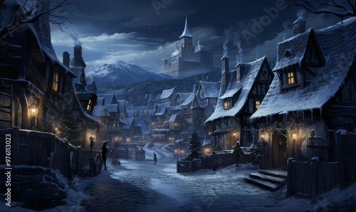A peaceful illustration of a moonlit stroll through a quiet, snowy village