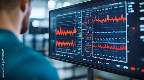 High-tech sports lab with a focus on a large monitor displaying real-time metabolic analysis of an athlete during endurance training