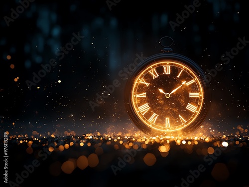 An elegant vintage clock glowing in a dark atmosphere, symbolizing the passage of time with a mystical ambiance. photo