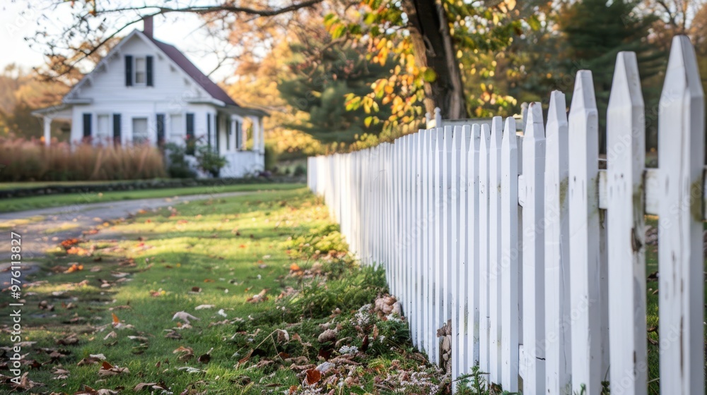 A white picket fence in front of a farmhouse. A white picket fence in front of a farmhouse.