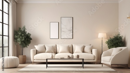 Interior of living room with cozy white sofa, armchair and lamps