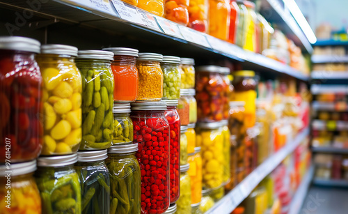 Shelves filled with various jars of colorful pickled vegetables in a grocery store. photo