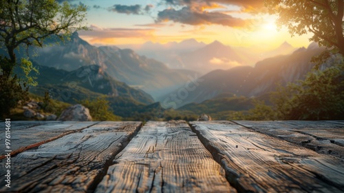 Table background of free space for your decoration and blurred landscape of mountains. 