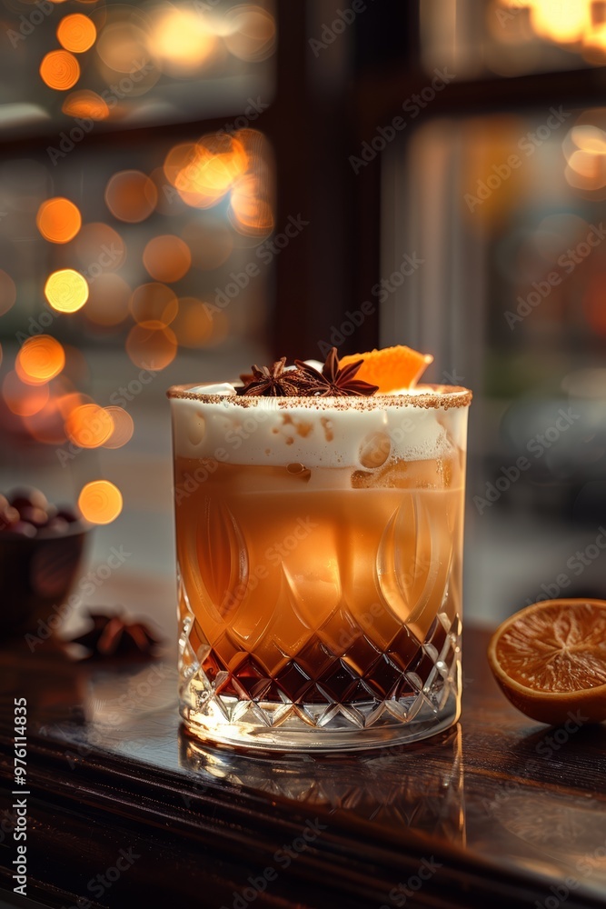 A festive cocktail with an orange garnish and star anise, served on a wooden counter. A festive cocktail with an orange garnish and star anise, served on a wooden counter.