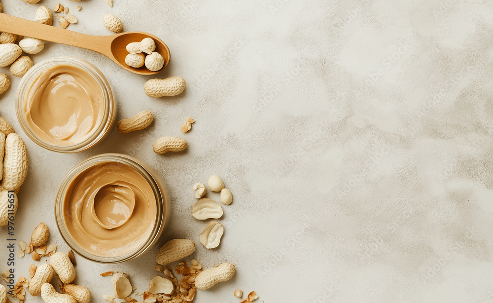 Smooth peanut butter in bowls with peanuts scattered on a white background. Smooth peanut butter in bowls with peanuts scattered on a white background.