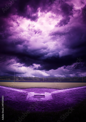An ominous purple stormy sky over an empty baseball field with a stark white square on a black background, perfect for a dramatic event poster or banner.