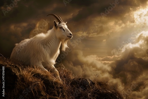 A goat as a symbol of sacrifice and atonement, depicted in a biblical or mythological scene