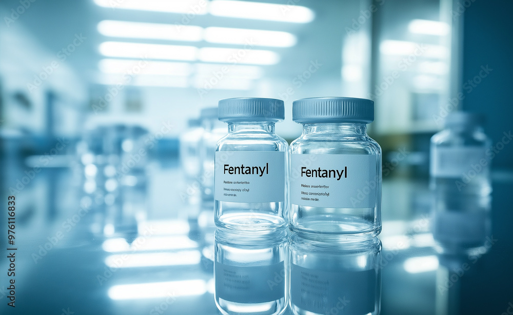 Several vials of fentanyl in a clinical, sterile laboratory environment with soft lighting. Several vials of fentanyl in a clinical, sterile laboratory environment with soft lighting.