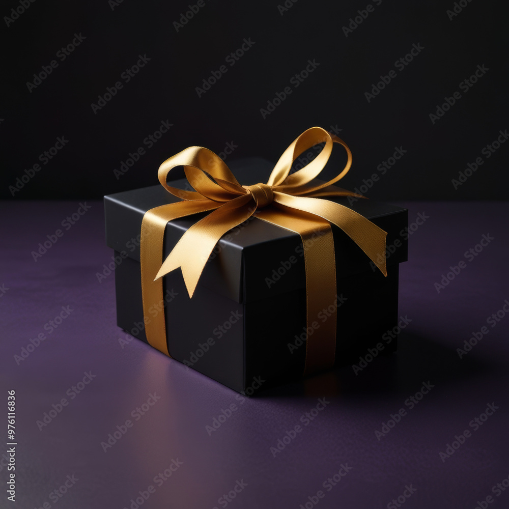 Black gift box with a gold bow on a purple background. Black gift box with a gold bow on a purple background.