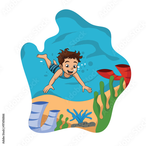 A boy swimming underwater in the ocean, Cartoon Illustration