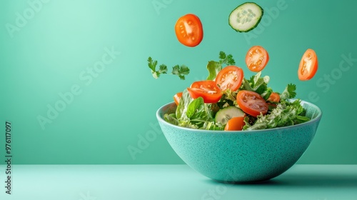 Fresh Green Salad with Tomatoes and Cucumber in Bowl on Mint Background