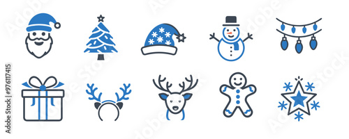 Set of Christmas and New Year icons in blue colors on light background