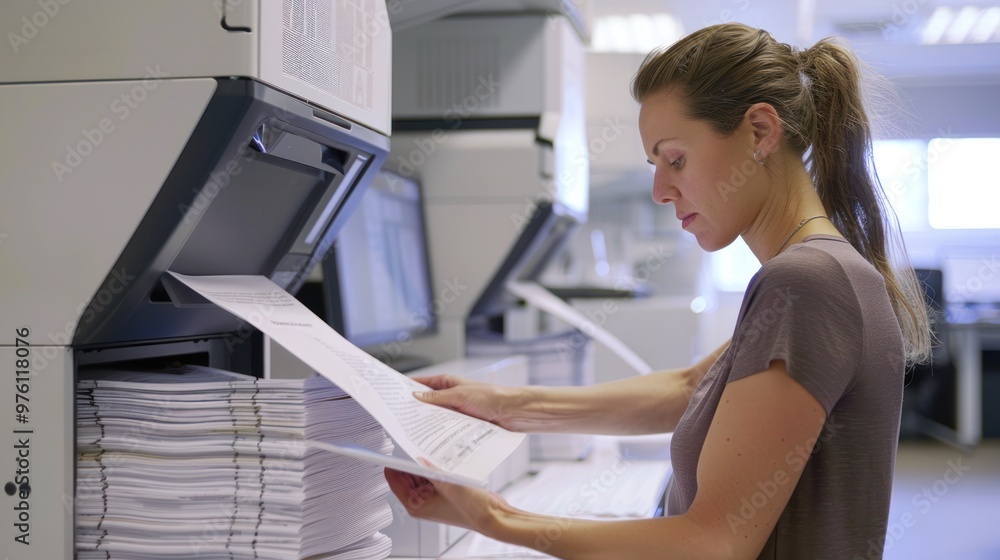 An office worker scanning a stack of documents into a digital format An office worker scanning a stack of documents into a digital format
