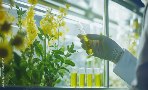 Scientist holding a test tube with yellow liquid in a laboratory filled with green plants, conducting research.