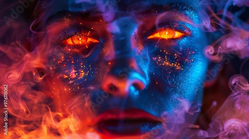 Glowing Face with Smoke and Glitter: A Surreal Portrait