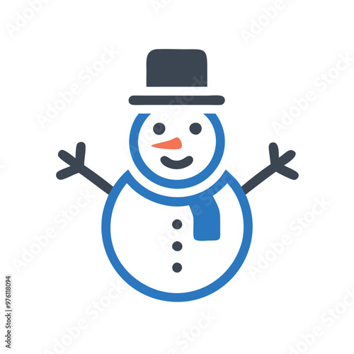 Cheerful blue snowman icon with hat and scarf in minimalistic style on white background