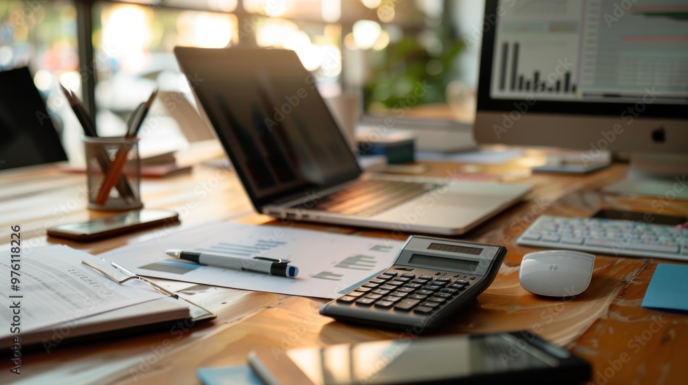 An office workspace with business documents, a calculator, and a laptop An office workspace with business documents, a calculator, and a laptop