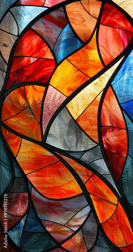 A stained glass window with a red and blue design A stained glass window with a red and blue design