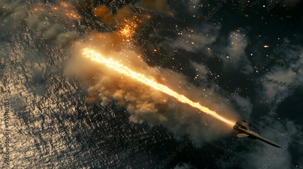 Aerial view of missile launchfrom warship towards distanttarget, fiery trail in dark skyand ocean,showcasingmilitary strike intensity andprecision. Aerial view of missile launchfrom warship towards distanttarget, fiery trail in dark skyand ocean,showcasingmilitary strike intensity andprecision.